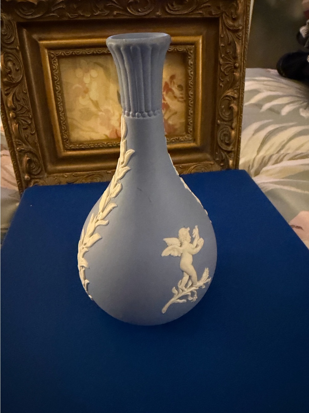 Vintage Wedgwood Blue Jasperware Cherub Bud Vase - 5.25" Made in England